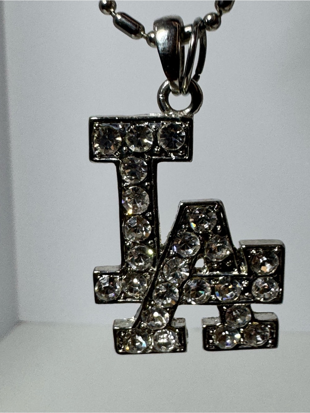 LA Dodgers Rhinestone Pendant Necklace Silver Tone Bling